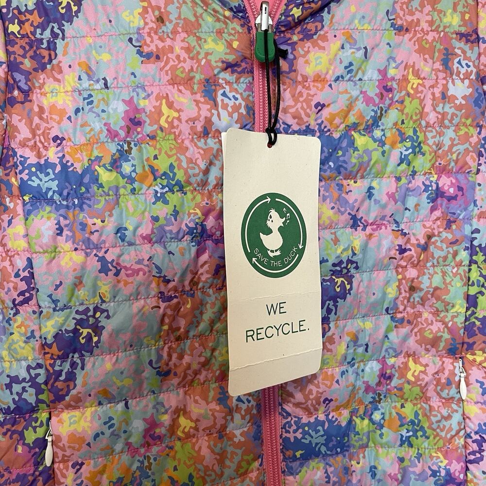 NWT Save The Duck Reversible Puffer Jacket Coat Size 6 Pink Multicolor Abstract - Picture 14 of 15